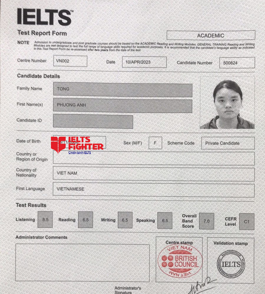 bảng điểm phương anh 7.0 ielts 