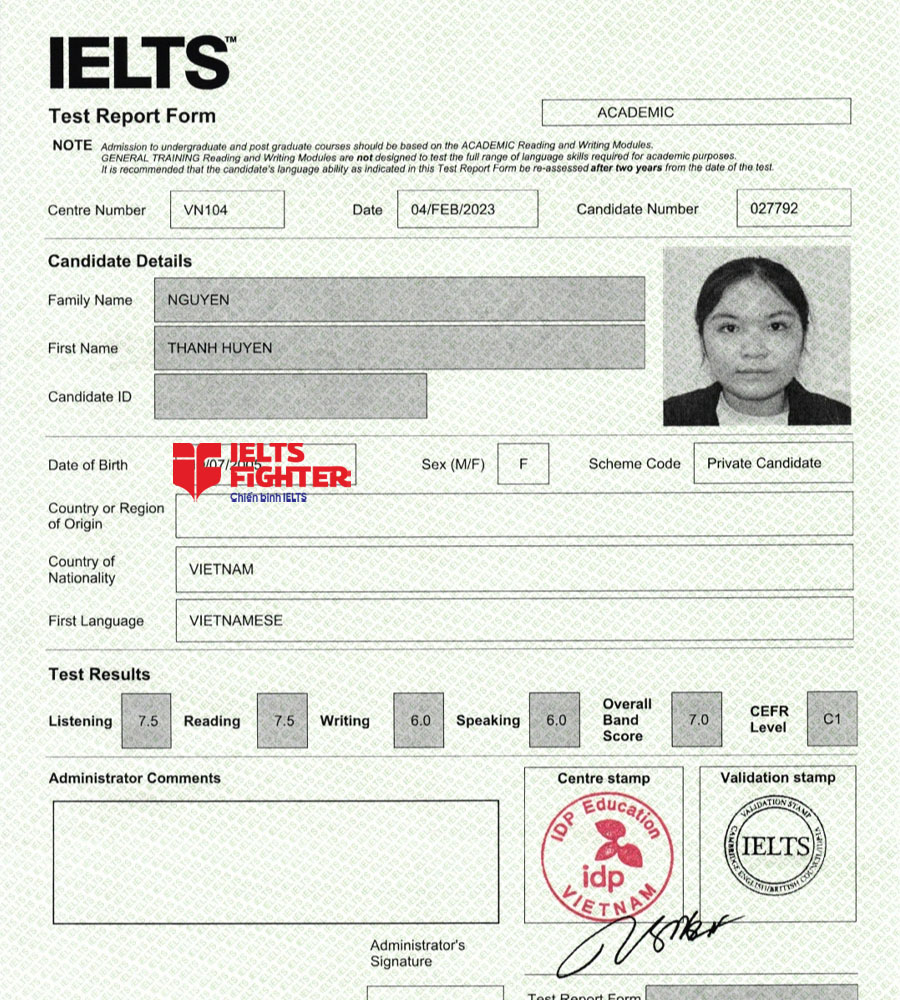 bảng điểm thanh huyền 7.0 ielts