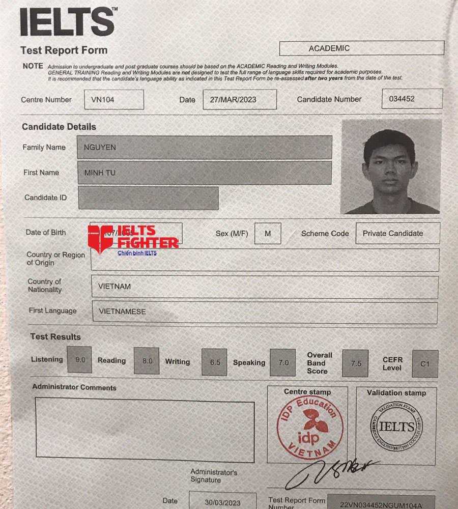 bảng điểm minh t&uacute; 7.0 ielts
