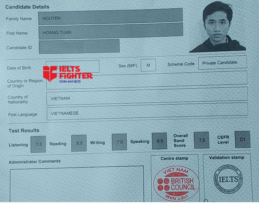 Học vi&ecirc;n Ho&agrave;ng tuấn 7.5 IELTS