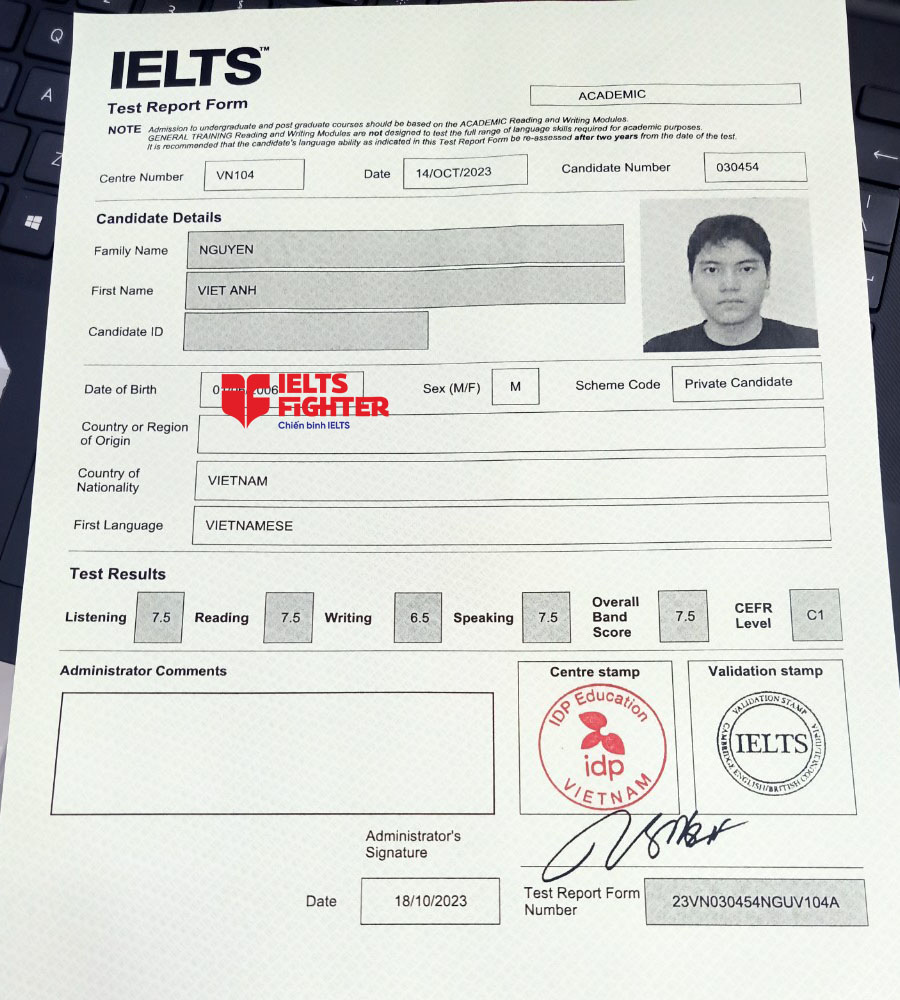bảng điểm Việt Anh 7.5 IELTS