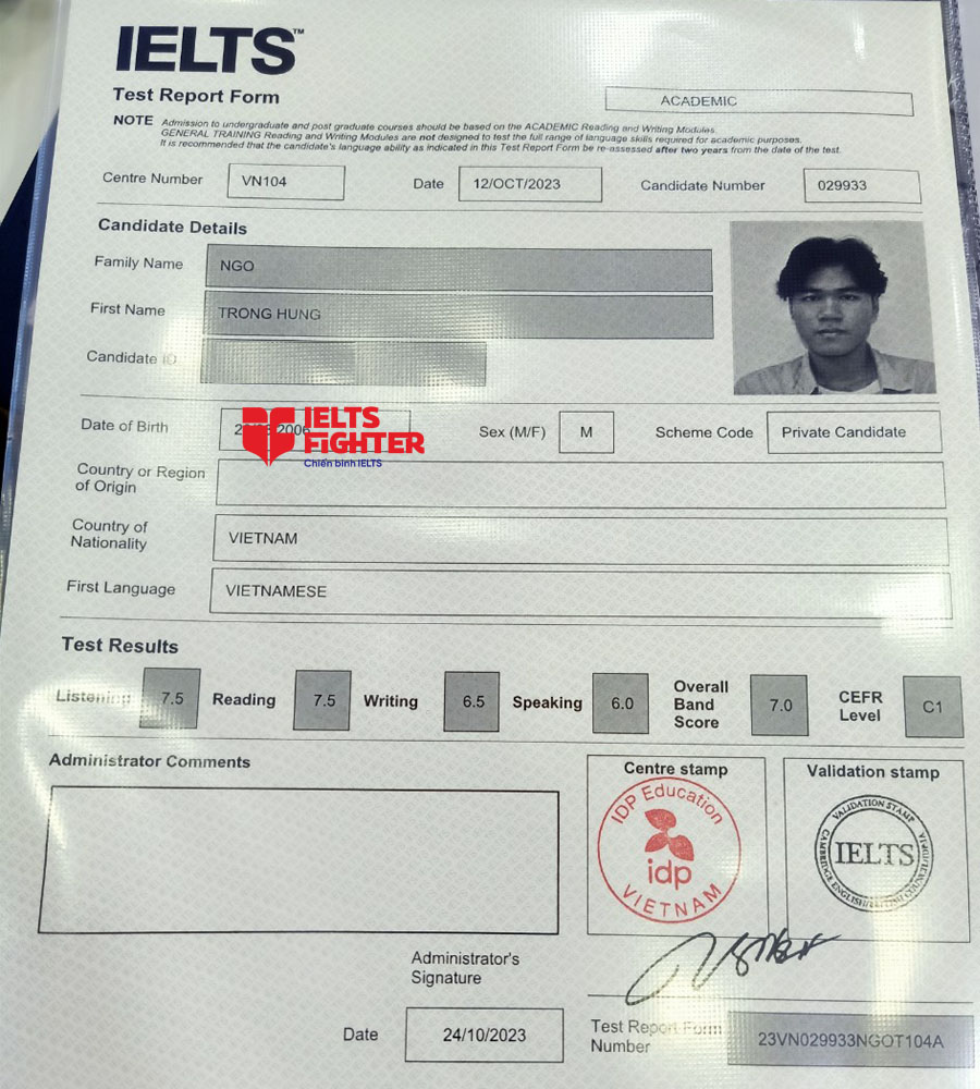 bảng điểm Trọng hưng 7.0 IELTS