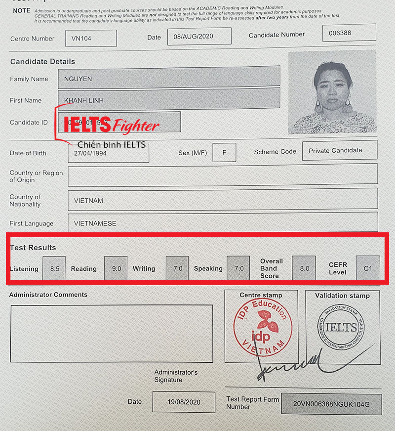 Bảng điểm Khánh Linh - nữ kiến trúc sư đạt 8.0 IELTS 