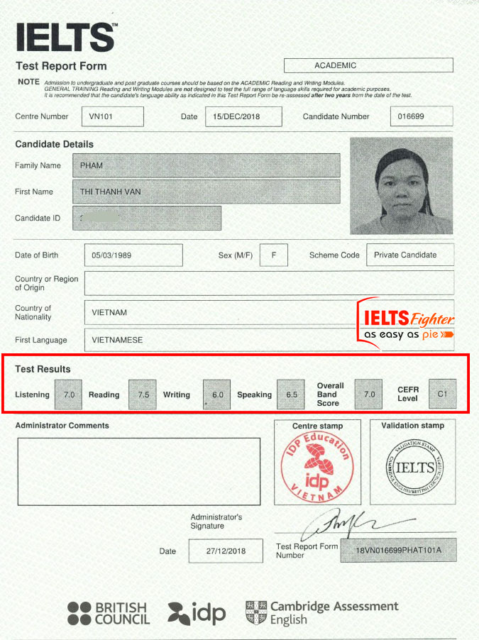 Bảng điểm Thanh V&acirc;n 7.0