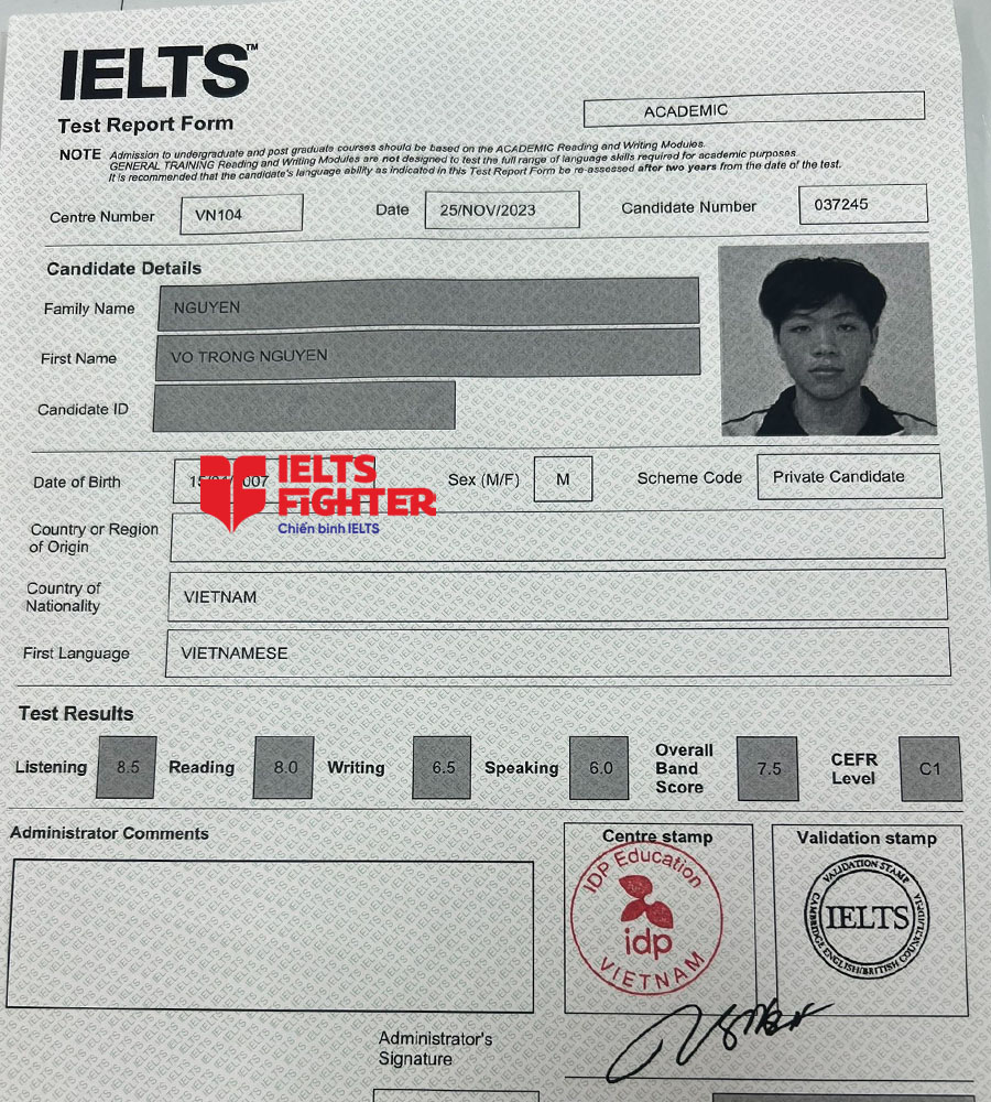 bảng điểm trọng nguy&ecirc;n 7.5 IELTS