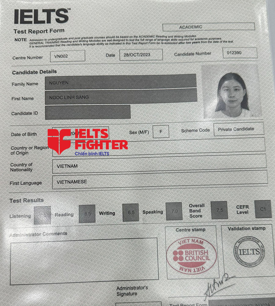 bảng điểm Linh sang 7.5 IELTS