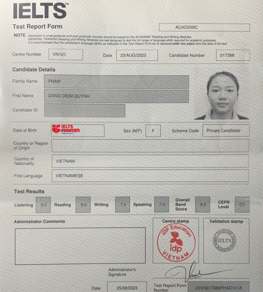 th&agrave;nh t&iacute;ch 8.0 xuất sắc của Diễm Quỳnh