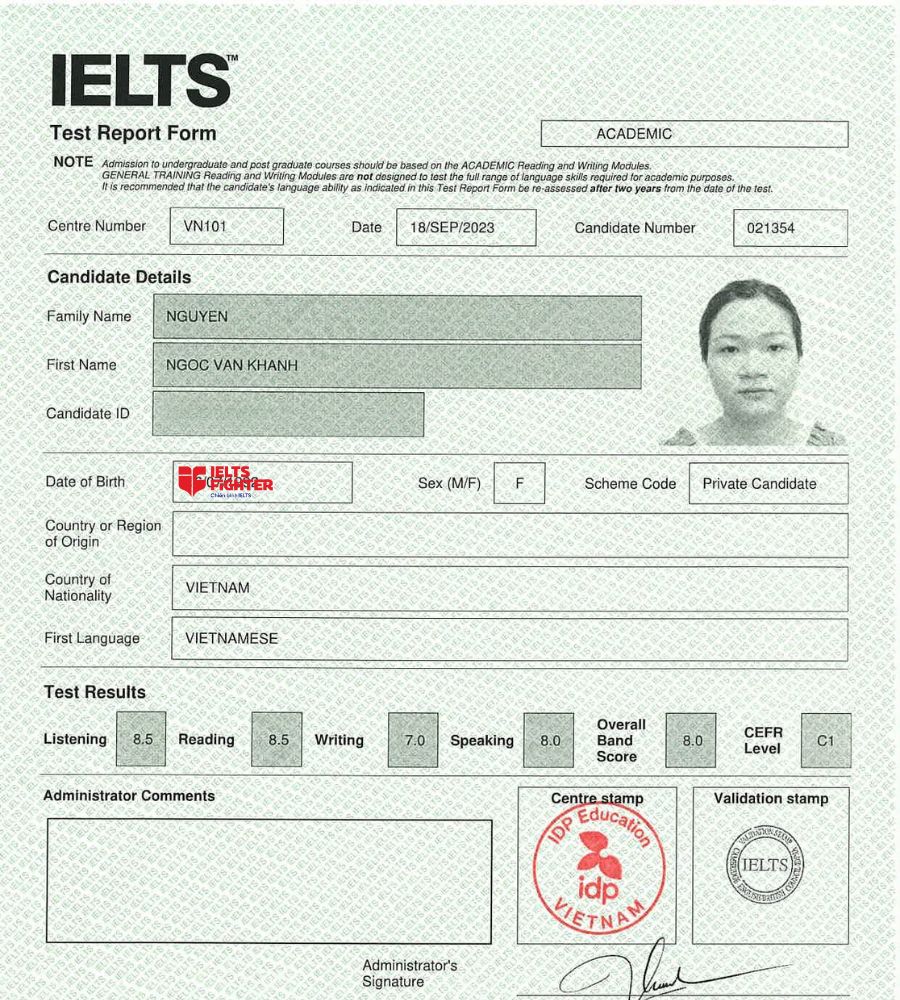 Kết quả mĩ m&atilde;n của chị V&acirc;n Khanh với 8.0 IELTS