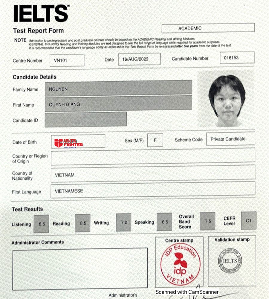 Kết quả xuất sắc 7.5 IELTS của nữ sinh 2k6 Quỳnh Giang