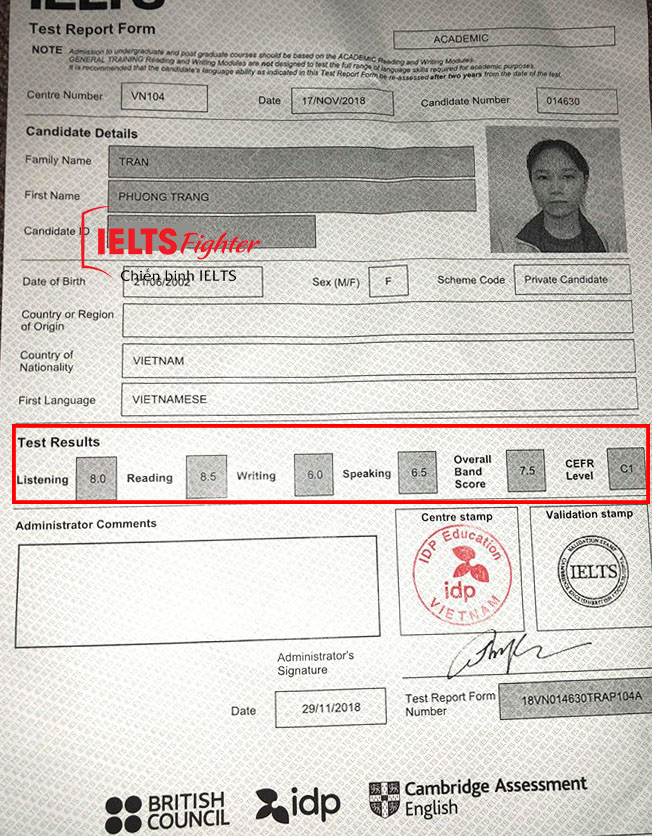 Bảng điểm học viên phương trang ielts fighter