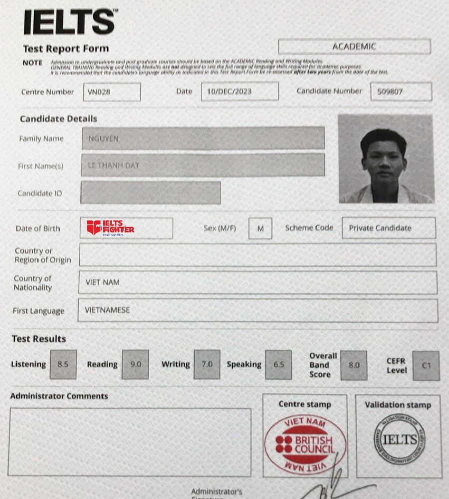 Bảng điểm 8.0 ấn tượng của học vi&ecirc;n Th&agrave;nh Đạt