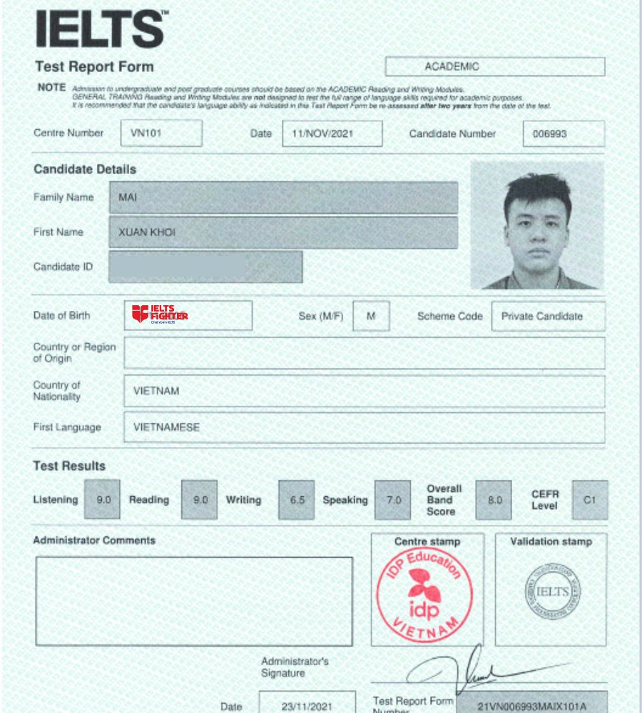 học vi&ecirc;n Xu&acirc;n Kh&ocirc;i v&agrave; th&agrave;nh t&iacute;ch 8.0 Overall