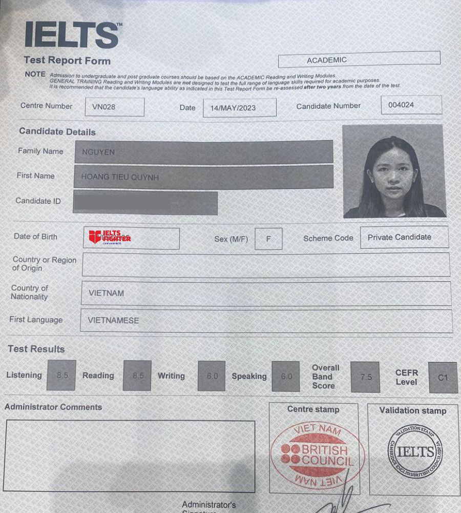 học vi&ecirc;n Tiểu Quỳnh v&agrave; th&agrave;nh t&iacute;ch 7.5 Overall