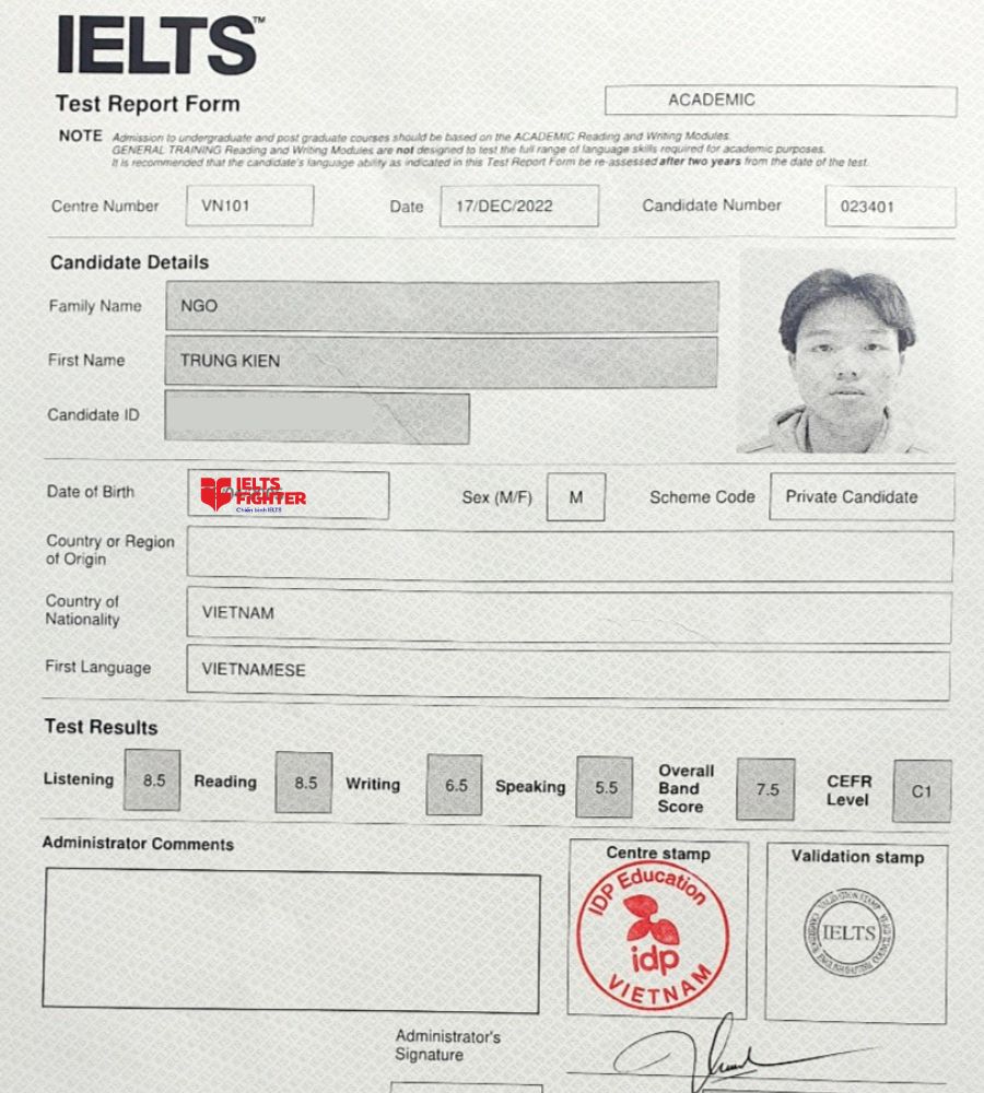 học vi&ecirc;n Trung Ki&ecirc;n v&agrave; th&agrave;nh t&iacute;ch 7.5 Overall