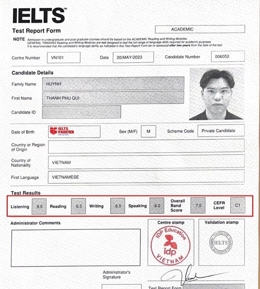 Bảng điểm 7.0 Overall xuất sắc của Ph&uacute; Qu&iacute;