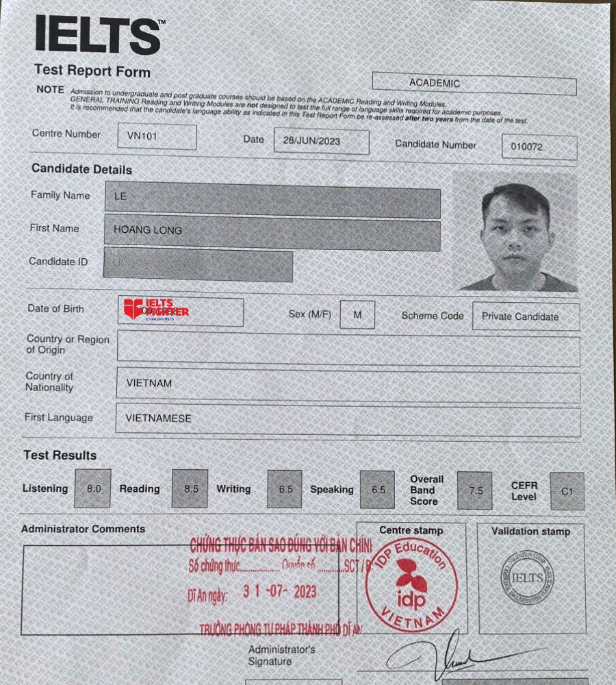 Học vi&ecirc;n Ho&agrave;ng Long v&agrave; th&agrave;nh t&iacute;ch 7.5 xuất sắc của bạn