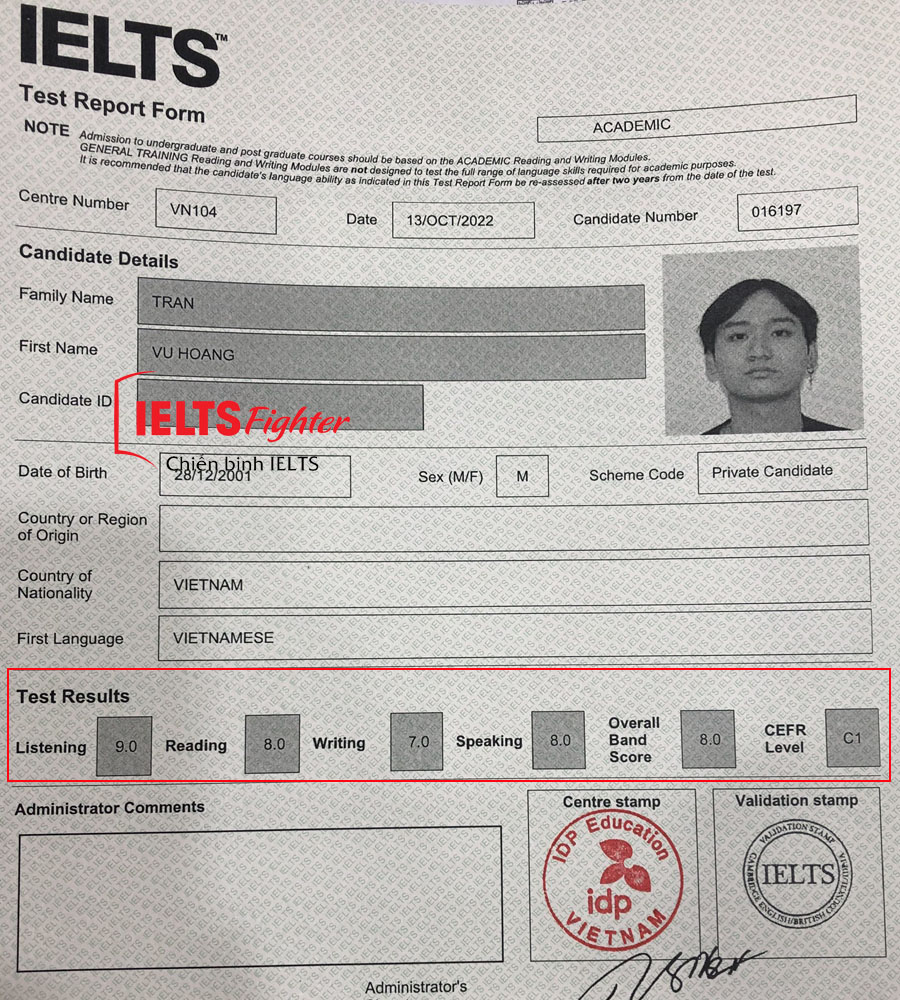 bảng điểm vũ ho&agrave;ng 8.0 ielts 