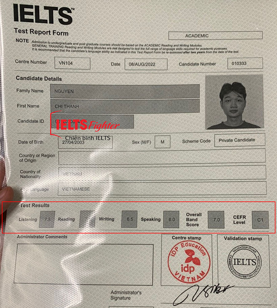 bảng điểm ch&iacute; th&agrave;nh 7.0 ielts