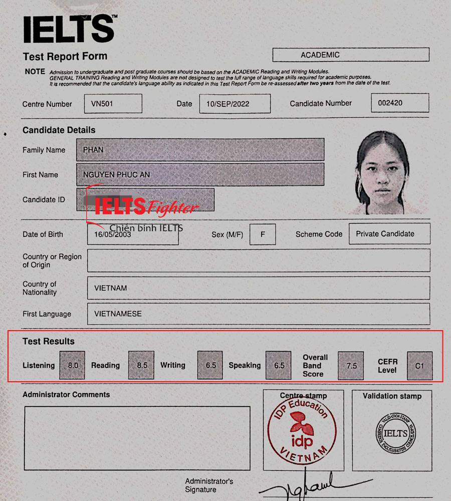 bảng điểm ph&uacute;c an 7.5 ielts