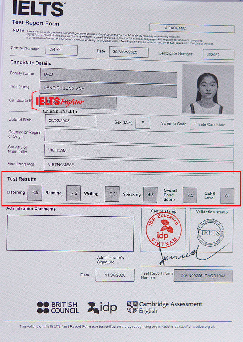 Bảng điểm Phương Anh - 7.5 IELTS - IELTS Fighter