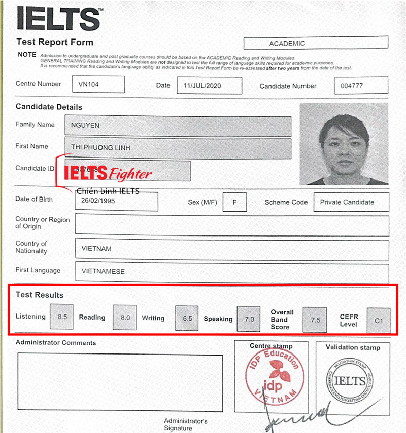 Bảng điểm học viên phương linh 7.5 ielts