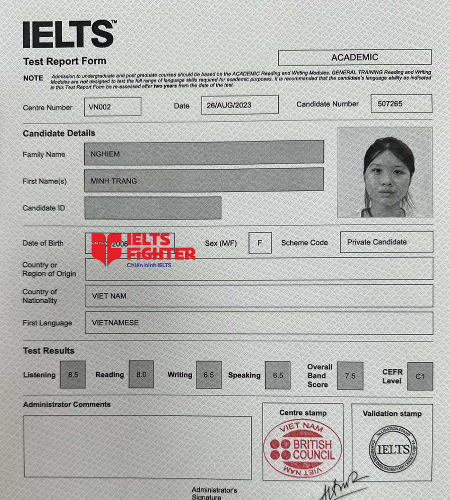 bảng điểm minh trang 7.5 IELTS