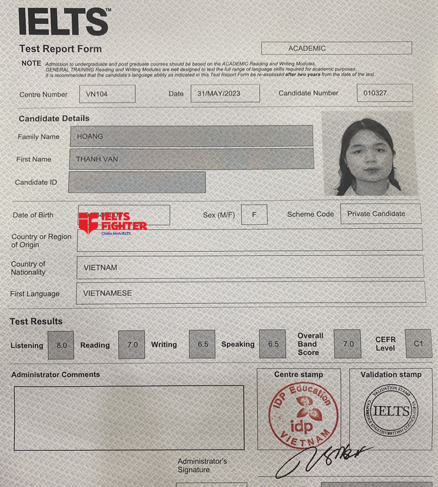 bảng điểm V&acirc;n Thanh 7.0 IELTS