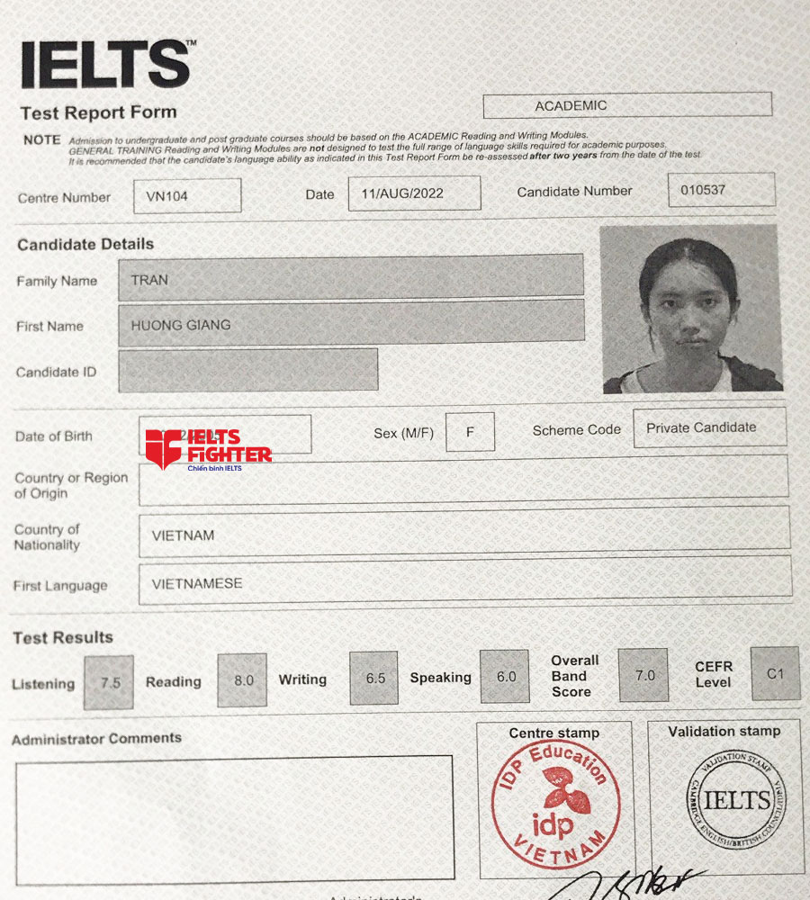 bảng điểm hương giang 7.0 ielts