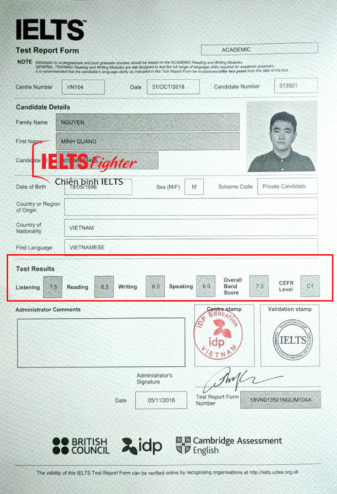 Bảng điểm học viên Minh Quang