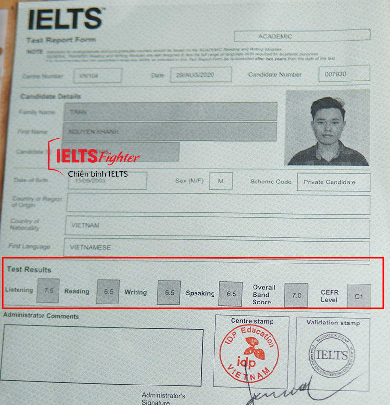 Bảng điểm Khánh 7.0 IELTS