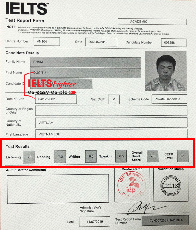 Bảng điểm học viên Đức Tú 7.0 IELTS
