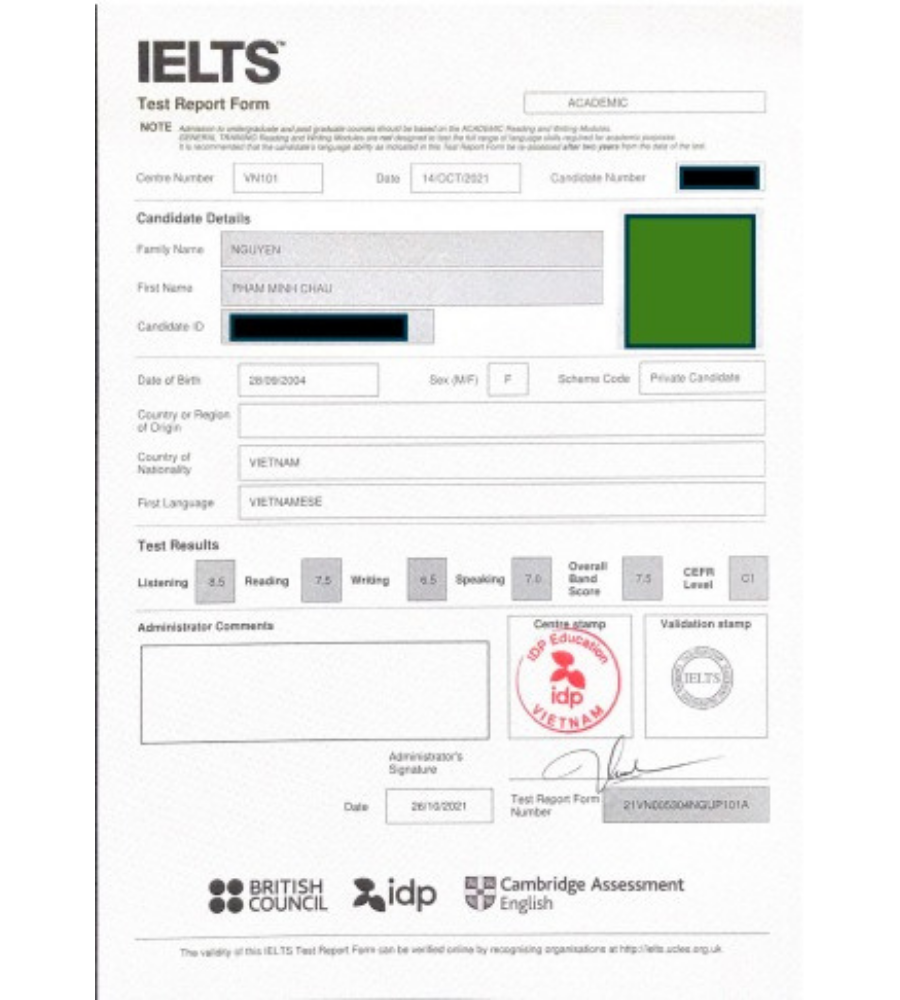 Minh Ch&acirc;u học vi&ecirc;n điểm cao đạt 7.5 ielts