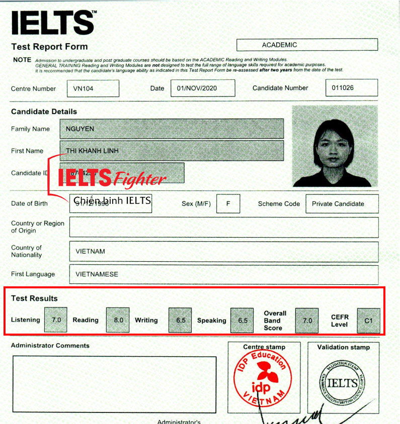Bảng điểm 7.0 IELTS Khánh Linh