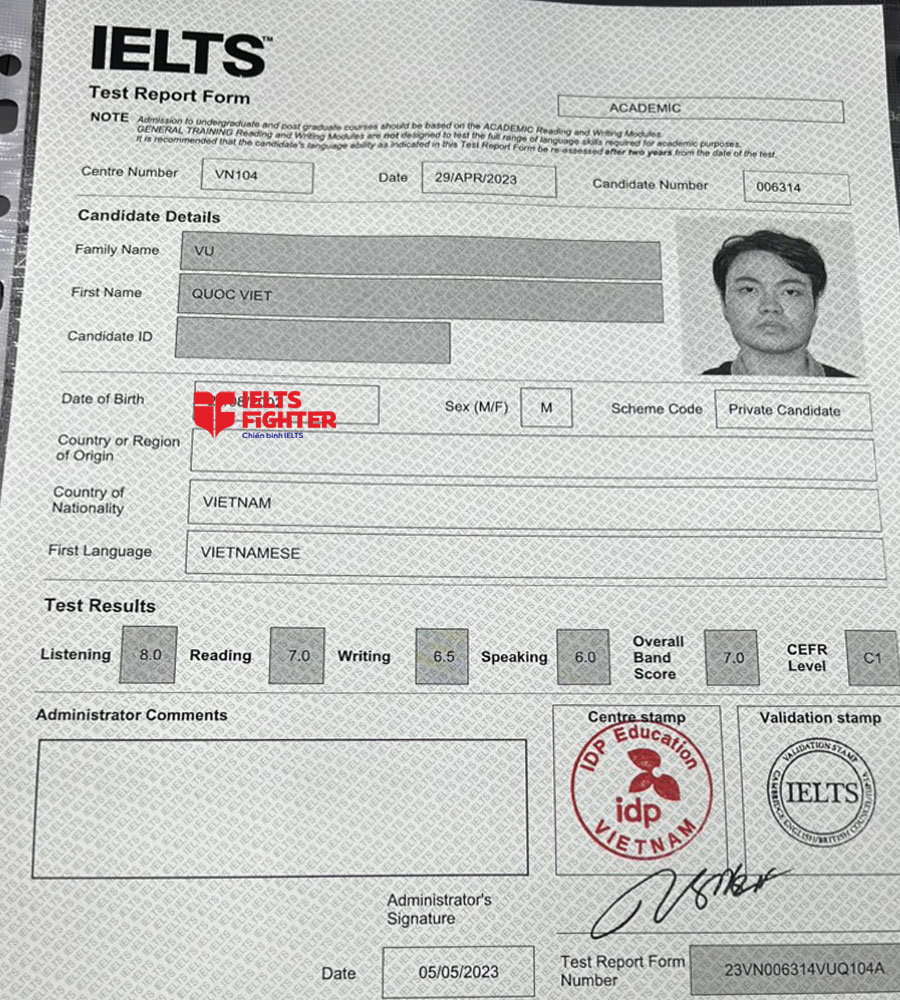 bảng điểm quốc việt 7.0 ielts