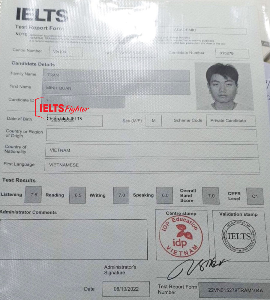 bảng điểm Minh qu&acirc;n 7.0 ielts