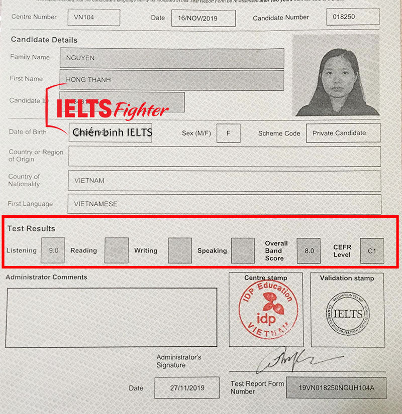 Bảng điểm học viên Hồng Thanh