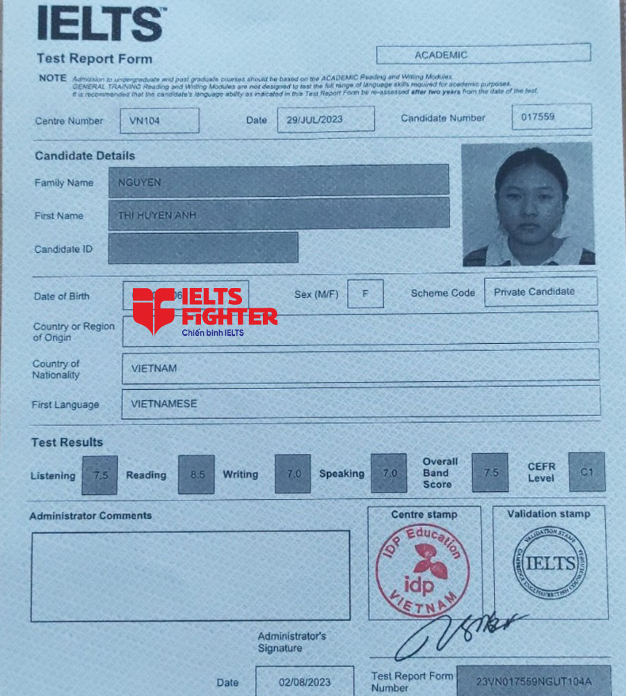 bảng điểm huyền anh 7.5 IELTS