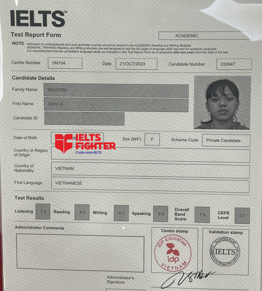 bảng điểm đan l&ecirc; 7.0 IELTS