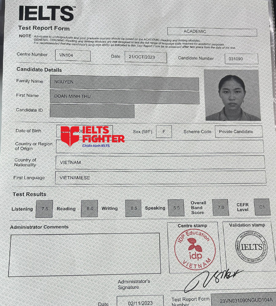 bảng điểm minh thu 7.0 IELTS