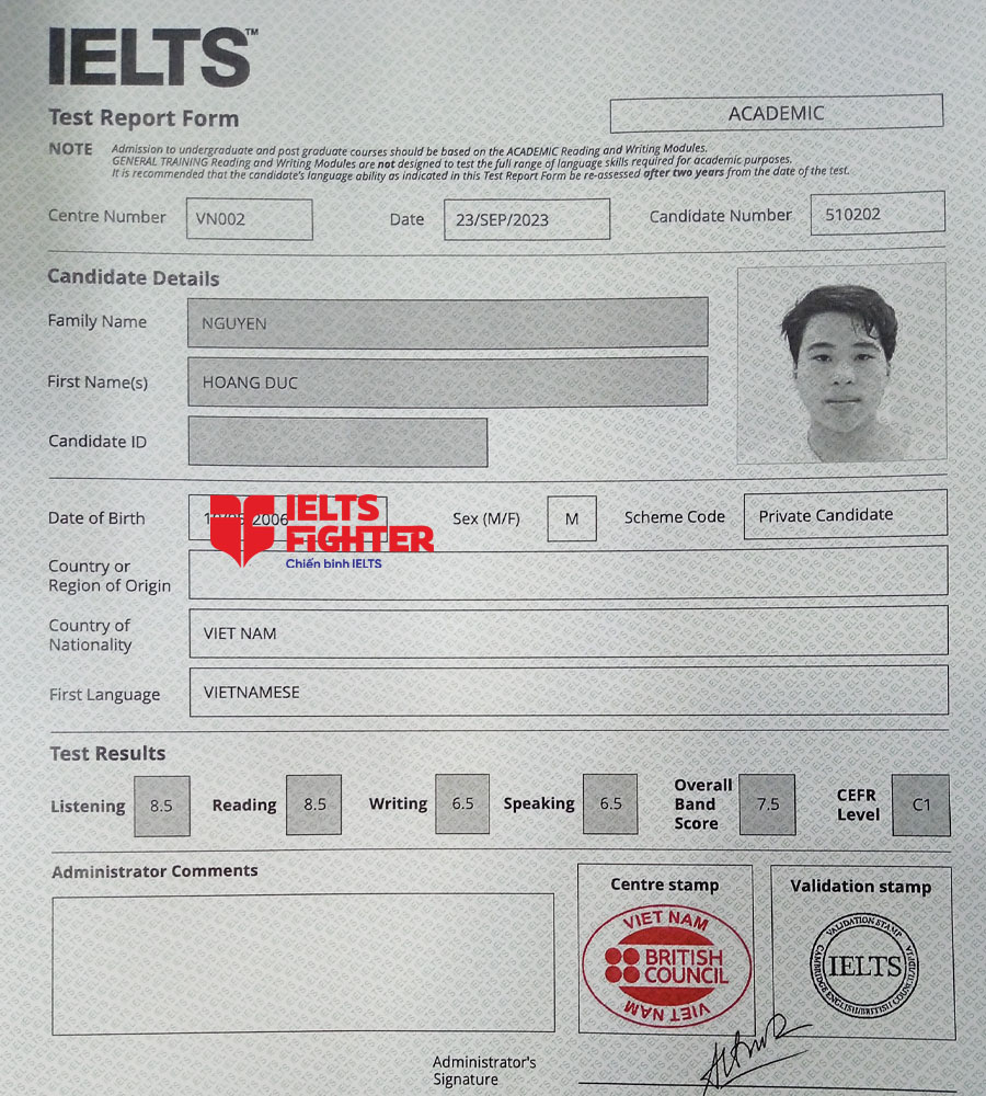 bảng điểm ho&agrave;ng đức 7.5 IELTS