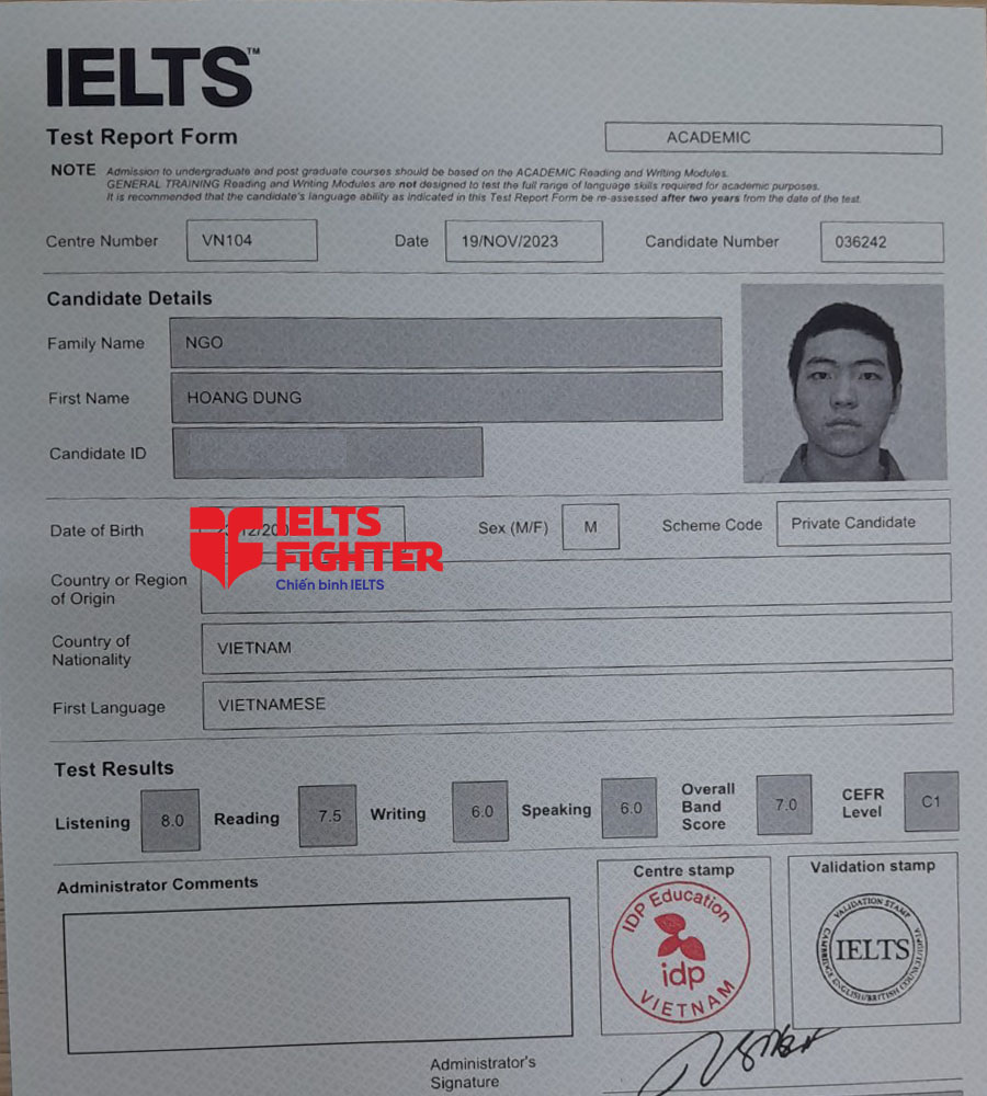 bảng điểm Ho&agrave;ng Dũng 7.0 IELTS