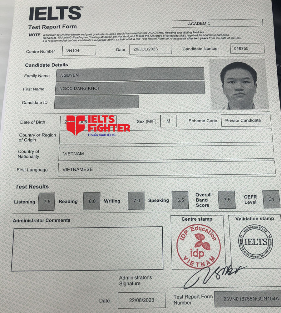 bảng điểm đăng kh&ocirc;i 7.5 ielts
