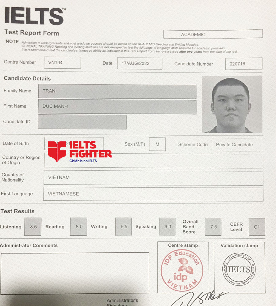 bảng điểm đức mạnh 7.5 IELTS