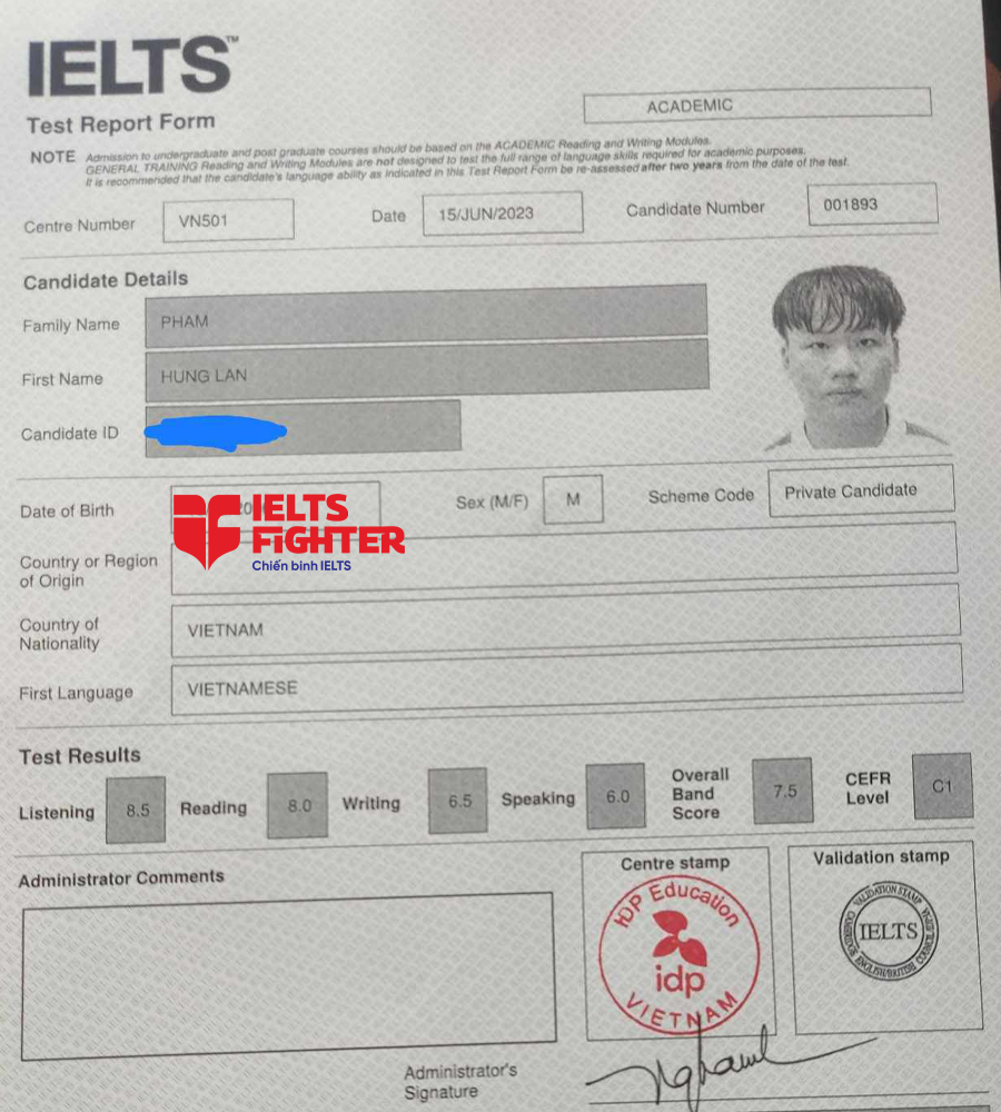 bảng điểm h&ugrave;ng l&acirc;n 7.5 IELTS