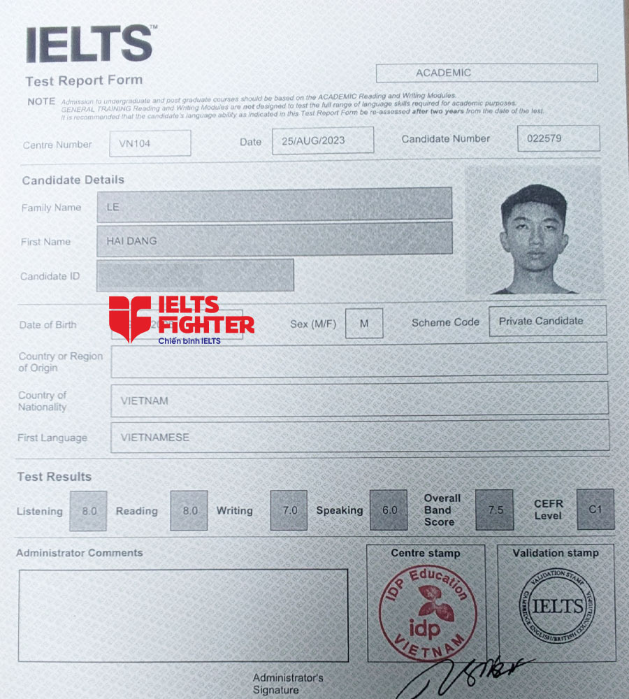 bảng điểm hải đăng 7.5 IELTS