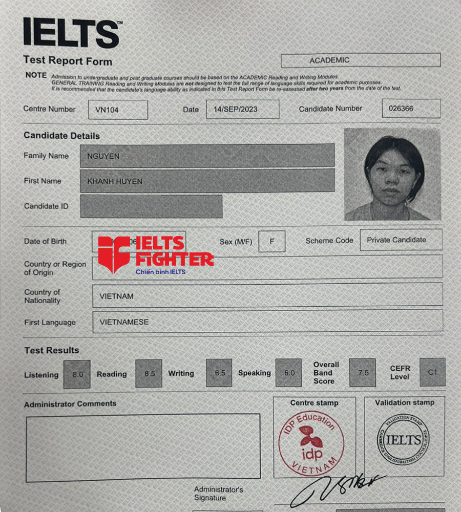 bảng điểm Kh&aacute;nh Huyền 7.5 IELTS