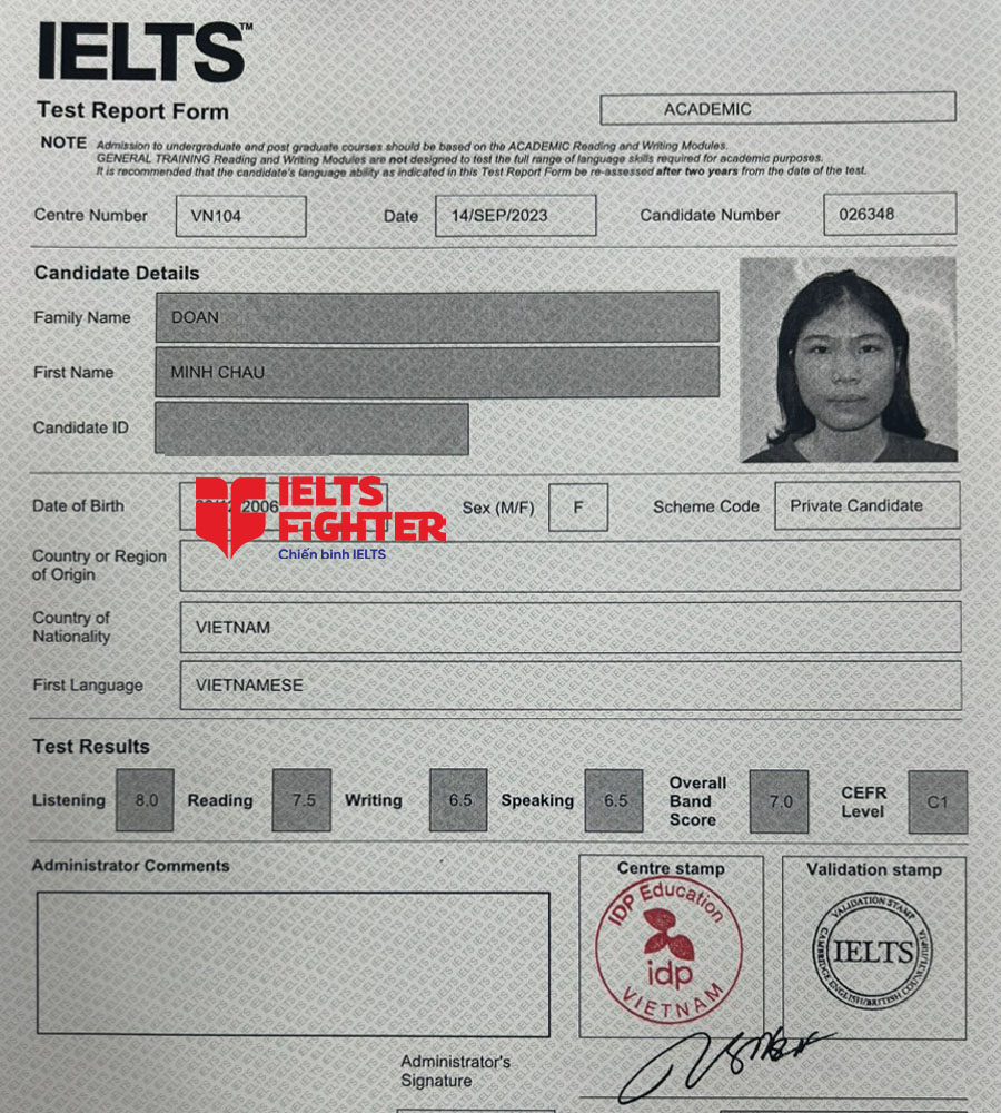 bảng điểm Minh ch&acirc;u 7.0 IELTS