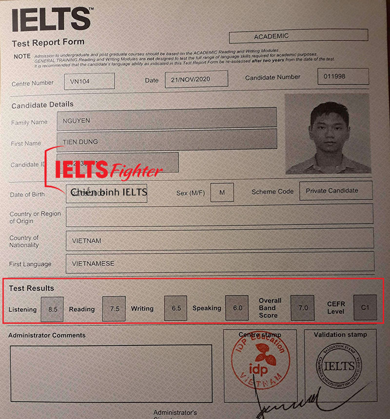 Tiến Dũng 7.0 IELTS bảng điểm 