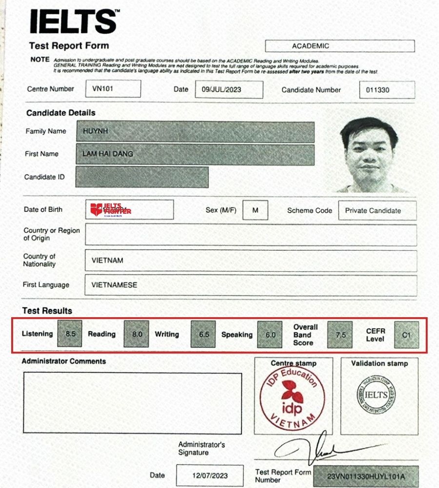 Bảng điểm 7.5 IELTS xuất sắc của học vi&ecirc;n IF Tạ Quang Bửu