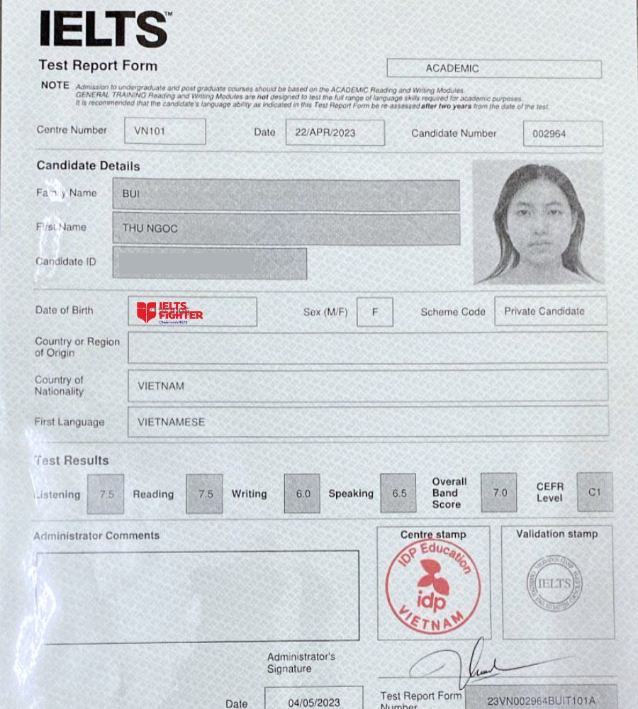 Thu Ngọc v&agrave; th&agrave;nh t&iacute;ch 7.0 Overall